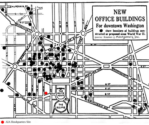Figure 3. Pattern of redevelopment underway in Washington, DC in the post-war period. Map included in Carl Feiss, “A Program for Landmarks Conservation in the District of Columbia: Recommendations to the National Capital Planning Commission on the Preservation of Historic Landmarks, Buildings, Monuments, Places and Districts of Historic, Architectural and Landscape Merit in Washington, DC” (Washington, DC: 1963). Source: Gelman Special Collections, George Washington University, Washington, DC.