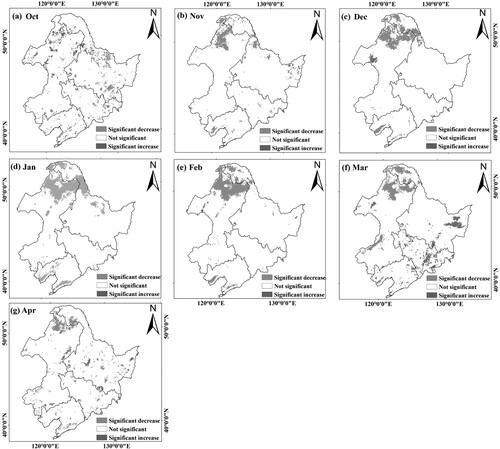 Figure 8. Spatial distribution of the multiyear (1987–2018) mean monthly SD significance test from October to April in Northeast China based on the FSDM dataset. The variation trend is regarded as statistically significant when p < 0.05.