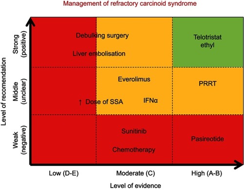 Figure 2 Overview of available treatment options for refractory carcinoid syndrome. Level of recommendation is classified as strong (positive) when there is literature available showing positive results and improvement of patient symptoms; weak (negative) if literature has shown no benefit on management of carcinoid syndrome; middle (unclear) if controversy exists. Level of evidence is classified as follows: Level A: there exists a meta-analysis of high standard or several randomized trials with consistent results; Level B: if randomized studies (level B1), therapeutic trials, quasi-experimental trials, or comparisons of populations (level B2) provide consistent results when considered together; Level C: there exist studies, therapeutic trials, quasi-experimental trials, or comparisons of populations, of which the results are not consistent when considered together; Level D: if either scientific data do not exist or there is only a series of cases; expert agreement: data do not exist but the experts are unanimous in their judgment.Note: ↑, Increased.Abbreviations: SSA, somatostatin analogs; PRRT, peptide receptor radionuclide therapy, INFα, alpha-interferon.