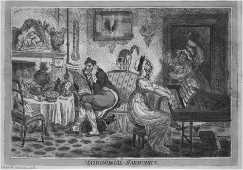 Figure 4. The use of the tea urn as a visual metaphors in this matrimonial satire by Gillray suggests they were connected to specific values of domesticity in the minds of his audience. James Gillray, Matrimonial Harmonics, 1805. [London: Publisher not named] Image Courtesy of Library of Congress.