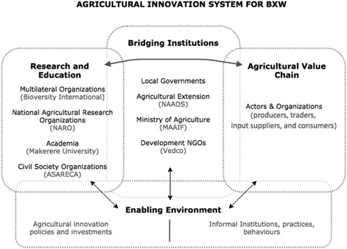 Figure 1: The Agricultural Innovation System Framework for BXW.Source: Adapted from Aerni et al. Citation2015