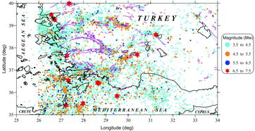 Figure 7. The location of earthquakes with a magnitude greater than 3.5 in southwest Anatolia between 1900 and 2012.