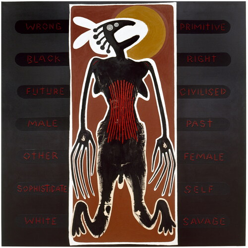 Figure 5. Gordon Bennett, Altered Body Print (Shadow Figure Howling at the Moon) 1994. Acrylic and flashe on canvas. 182 × 182 cm. Private collection.