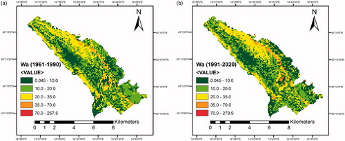 Figure 7. Total annual volume of the detached soil Wa in m3/cell/year for the Dubračina catchment based on the EPM: (a) past time 1961–1990, (b) present time 1991–2020.