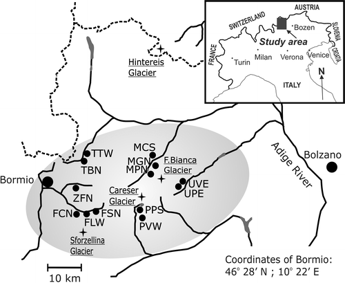 FIGURE 1 Sketch map of the study area. Small filled circles indicate the position of the 13 sampling sites of the dendroclimatic network. Crosses indicate the position of the four glaciers considered. The gray area shows the extent of the Ortles-Cevedale Group.