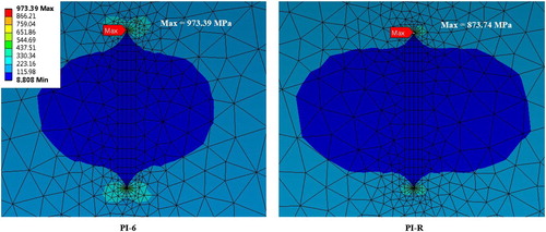 Figure 10. The equivalent stress distribution around the surface crack on the pipe internal surface.