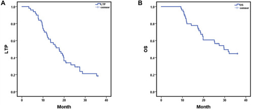 Figure 3 Kaplan–Meier local tumor progression (LTP) and overall survival (OS) with hepatic metastases; (A) mean LTP was 19.216 months (95% CI: 16.208, 22.224); (B) mean OS was 26.378 months (95% CI: 23.485, 29.270). The 1-, 2-, and 3-year LTP rates with hepatic malignant tumors were 65.9%, 31.5% and 18.5%, respectively; and the 1-, 2- and 3-year OS rates were 81.8%, 60.8% and 44.7%, respectively.