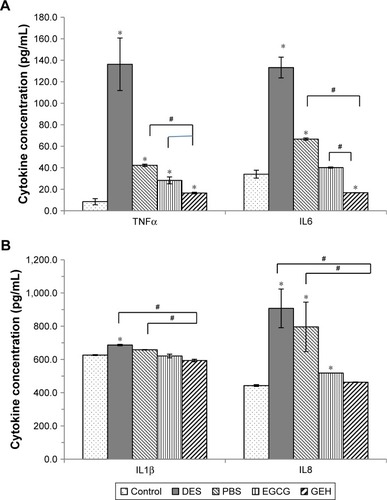 Figure 12 Levels of inflammatory cytokines from cornea extraction determined by ELISA.Notes: (A) Cytokine concentration of TNFα, IL6; and (B) IL1β, IL 8. The DES group (0.1% benzalkonium chloride) displays much higher concentrations of IL1β, IL8, TNFα, and IL6, and the GEH group displays lower concentrations of the cytokines (*P<0.05 compared with control, #P<0.05 compared with GEH).Abbreviations: DES, dry-eye syndrome; EGCG, epigallocatechin gallate; GEH, gelatin–EGCG with hyaluronic acid coating.