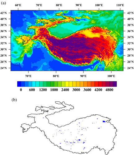 Fig. 1 (a) Domain used in the WRF model and topography of the TP (m). (b) Lake distribution over the TP. The solid black line represents the profile of the TP.