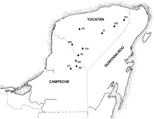 Figure 3. Map of the region of the Maya Northern Lowlands with the geographic location of the archaeological sites. Acronyms: MU: Mulchic; DL: D’zula; KU: Kulubá; AC: Acanceh; CH: Chacmultún; EB: Ek’Balam; CI: Chichén Itzá; SR: Sta. Rosa Xtampak; ET: El Tabasqueño; DZ: Dzibilnocac.