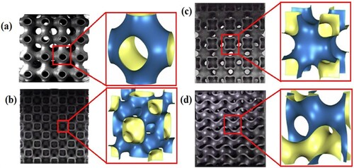 Figure 21. Various design configurations of triply periodic minimum surface lattices (a) primitive, (b) FRD, (c) IWP and (d) gyroid (Yin et al. Citation2020).
