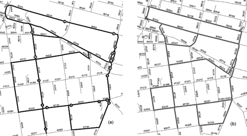 Figure 10. Schematic of resulting routes: (a) Route 2 with ArcGIS TSP solver; (b) Route 3 with Google Maps TSP solver.