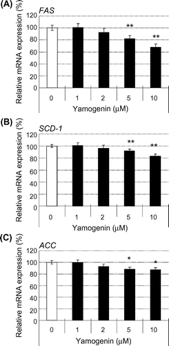 Fig. 4. The effects of yamogenin on the suppression of the mRNA expression levels were dose-dependent.Notes: The mRNA expression levels of FA synthesis-related genes, FAS (A), SCD-1 (B), and ACC (C), were measured using HepG2 hepatocytes treated with different concentrations of yamogenin for 24 h. The value of a vehicle control was set at 100% and relative value is presented as fold induction with respect to that of each vehicle control. The values are means ± S.E.M. of 3–4 samples in the measurement of TG accumulation. *p < 0.05 and **p < 0.01 compared with each vehicle control.