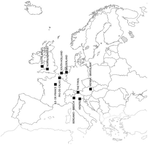 Figure 2. The location of the 10 selected cases across Europe.