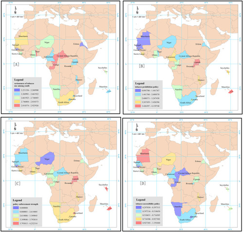 Figure 1 The extent of perceived seriousness of tobacco use among youth (A), tobacco-prohibition policy (B), policy-enforcement strength (C), and tobacco accessibility on campus through purchase (D) across the 20 sub-Saharan African countries.