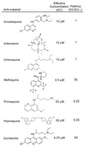 Figure 1. Relative autophagy inhibition for each antimalarial compound. Seven known antimalarial agents were screened for the effective concentration (EC) at which they inhibit autophagy. Potency was determined by comparing the antimalarial EC to that of the EC of chloroquine.