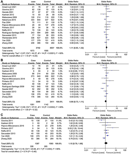 Figure 2 Forest plot of overall studies. (A) Analysis of null genotype vs present genotype of GSTM1. P = 0.25 [Overall OR = 1.11, 95% CI = (0.93–1.32)]. (B) Analysis of null genotype vs present genotype of GSTT1. P = 0.32 [Overall OR = 0.90, 95% CI = (0.73–1.11)]. (C) Analysis of null genotype vs present genotype of GSTM1 + GSTT1. P = 0.46 [Overall OR = 1.16, 95% CI = (0.79–1.69)].