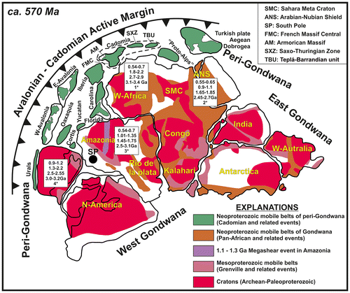 Figure 11. Palaeogeographic reconstruction of the Cadomian–Avalonian active margin and related major peri-Gondwanan terranes at c. 570 Ma (Bahlburg et al., Citation2010; Linnemann et al., Citation2013 and references therein).