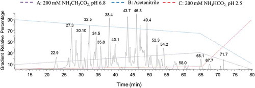 Figure 1. Representative gradient 2 and the base peak chromatogram of the denosumab tryptic peptides on ERLIC-MS/MS.