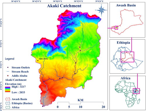 Figure 1. Location map of the study area, stream outlets, stream reaches, and elevation.