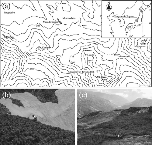 Figure 1 (a) The location of the study sites, Mt. Tateyama and Chubusangaku National Park in Japan. (b) North slope site, and (c) southwest slope site.