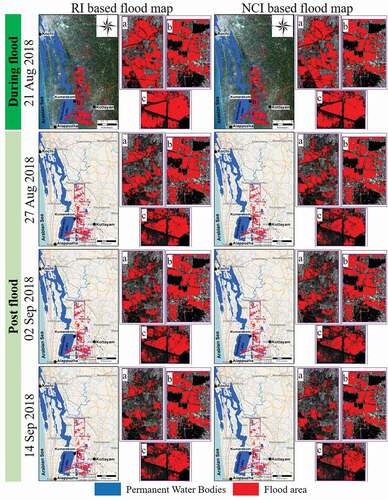 Figure 8. Change detection based flood maps obtained with during flood and post-flood images. The figures (a), (b), (c) are the enlarged part of the rectangles shown in the left figures, but with SAR image as background. The rectangles are overlaid on Sentinel-2 true colour image on the top row and Open Street MAP (OSM) at the other rows