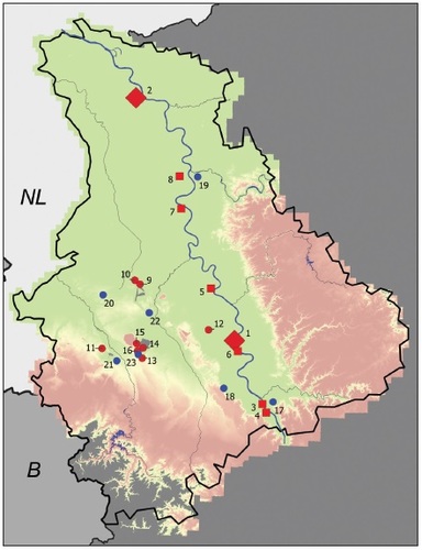 Fig. 1. Topographic map of the Rhineland with location of excavations that yielded archaeobotanical samples. Roman sites in red, medieval sites in blue. Roman sites are differentiated by type: diamond = colonia, rectangle = castrum/vicus, dot = villa/rural. Colour gradation of the topographic map from green to brown according to altitude: 0, 85, 170 and 255 m above sea level (Map: R. Lubberich, LVR-Amt für Bodendenkmalpflege im Rheinland).