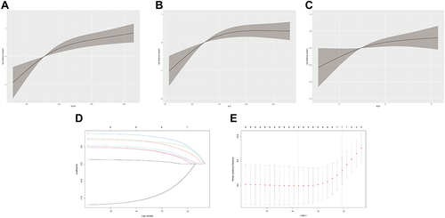 Figure 3 The association between VEGF, ALP, NLR, and relative hazard and variable screening by Lasso. The restricted cubic splines of (A)VEGF, (B) ALP, and (C) NLR in all-patient. (D) and (E) LASSO regression analysis identified variables screened into the VEGF-associated model.