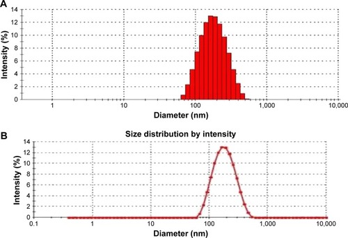 Figure 6 (A) Particle size and PDI of NKNPs; (B) particle-size distribution of NKNPs.Abbreviations: PDI, polydispersity index; NKNPs, nattokinase–poly(lactic-co-glycolic acid) nanoparticles.