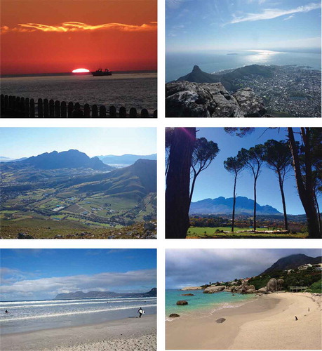 Figure 1. The I-CAMP 2014 took place in Stellenbosch, Cape Town. The photos show the top left, Sunset in Green Point; top right, panorama of Cape Town from the top of Table Mountains; middle left, panorama of Stellenbosch from the top of Hottentots-Holland mountain; middle right, a view of Hottentots-Holland mountain; bottom left, shore line in Muizenberg; and bottom right, the shore line in Simon’s Town. The photo courtesy of the authors.