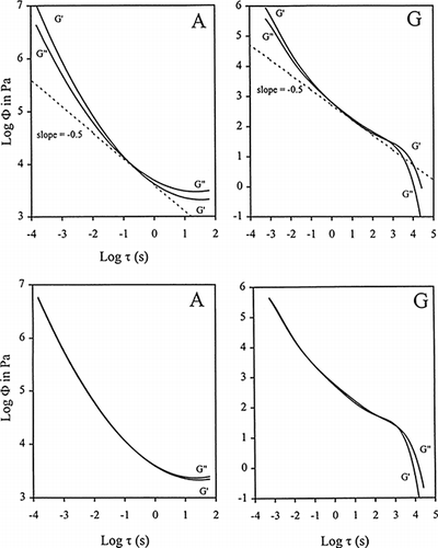 Figure 5. Logarithmic effect of relaxation times (τ) on the relaxation function (Φ) obtained from reduced mechanical spectra of G′ and G′ for high sugar agarose (A) and deacylated gellan (G). Upper and lower graphs are first-approximation and second-approximation calculations, respectively. Dashed lines give the slope predicted by the Rouse theory (Tsoga et al., 1999; Sworn and Kasapis, 1999; Kasapis and Sworn, 2000; Kasapis and Sablani, 2000).