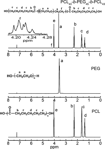 Figure 3. 1H NMR spectra of PCL-b-PEG-b-PCL, PEG and PCL in CDCl3.