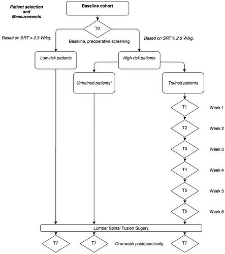 Figure 1. Flowchart of measurement time points (diamonds) of trained and untrained patients opting for 1–3 level lumbar spinal fusion surgery. SRT: Steep Ramp Test; T: time point.