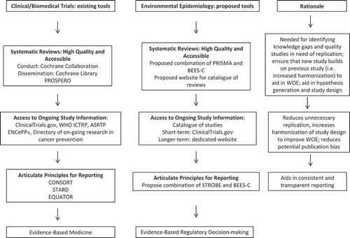 FIGURE 1. Process for concordance in clinical and biomedical research and proposed parallel process for environmental epidemiology research to improve public health decision making.