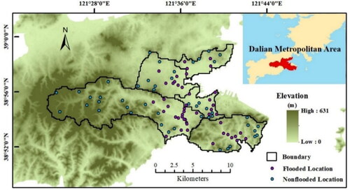 Figure 4. Study area and the distribution of flood inventory. The Dalian metropolitan area consists of five drainage divisions. There are 47 flooded records and 47 nonflooded records collected for the training.