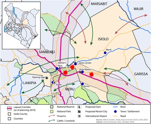 Figure 1. LAPSSET Corridor in Isiolo county (Flash symbols denote sites of tension and conflict and described in this article).