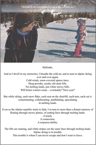 Figure 6. Re-turning. Diffractions of me skiing today and as a kid with a poem about how skiing still matters to me.