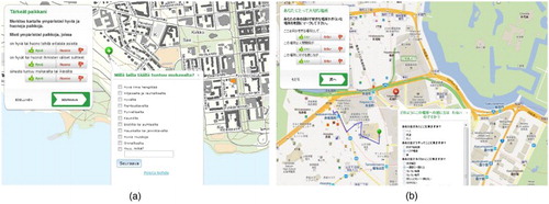 Figure 1. The softGIS survey platform used with Finnish (A) and Japanese (B) children. www.softgis.fi/children.