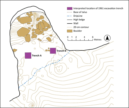 Figure 16. Map of Caves Cliffs Rockshelter showing the indicative interpreted location of Warne’s two excavation trenches. The exact edge and shape of these features are poorly defined, as might be expected as they were apparently left open for a period following the excavations.