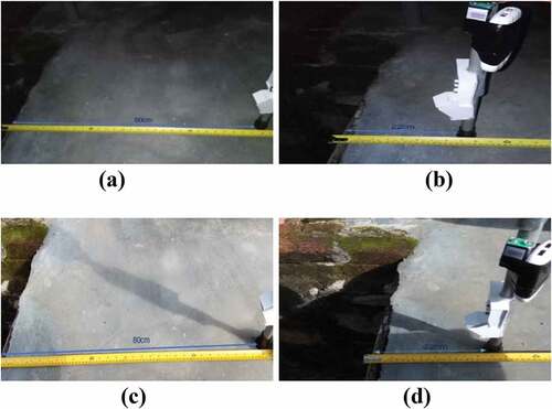 Figure 9. Hole detection experiment at location A: (a) Laser ranging sensor test at night with no front hole (b) Laser ranging sensor test at night with front hole (c) Laser ranging sensor test at daylight with no front hole (d) Laser ranging sensor test at daylight with front hole