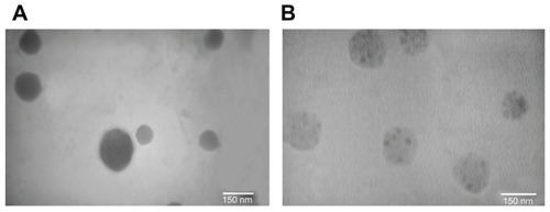 Figure 2 TEM micrographs of GC-loaded (A) Chi nanoparticles (B) Chi–PF nanoparticles.Abbreviations: Chi, chitosan; GC, gemcitabine; PF, Pluronic F®127; TEM, transmission electron microscopy.