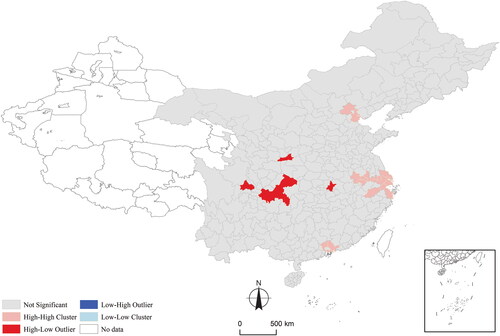 Figure 6 Local Moran’s cluster or outlier of LFDI distribution in China (2018).