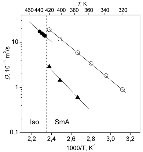 Figure 4. Cation diffusion coefficients, Diso (●), D|| (▲), and D⊥ (ο) in the isotropic and smectic A phases of C12mimCl ionic liquid. Lines are guides for the eye