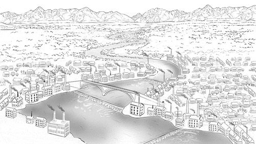 FIGURE 19 Line art depiction of a fictional town during the Industrial Revolution era. [Natural capital] (created by May van Millingen in collaboration with the author).