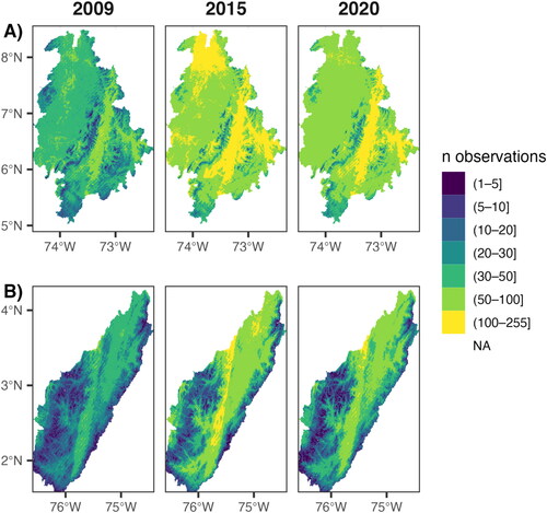 Figure 3. Pixel-wise count of clear observations for each aggregation period for (A) Hidrogamoso and (B) El Quimbo.