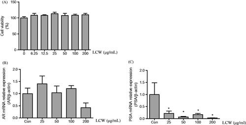 Figure 5. Effect of LCW on the mRNA expression of AR and PSA in BPH-1 cells. BPH-1 cells were treated with different concentrations of LCW for 24 h. (A) Cell viability was measured by MTT assay. mRNA expression of AR (B) and PSA (C) was quantified by quantitative real-time PCR. Data are mean ± S.E.M from three independent experiments. *p < 0.05, significantly different from the untreated group.