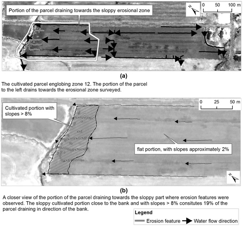 Figure 8 Cultivated slopes, water flow direction and erosion features; (a) cultivated parcel comprising zone 12; (b) closer view of the parcel portion draining towards the erosional zone surveyed.