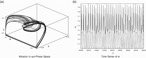Figure 9. Complex dynamics for data set (Equation23). (a) Attractor in the x y z-phase space and (b) time series of w.