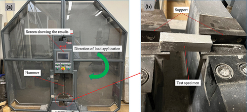 Figure 3. Setup of charpy impact test (a) universal testing machine, (b) setup for specimen testing.