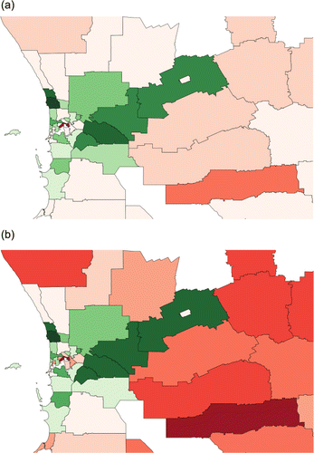 Figure 5. (a) Rate ratio styled using Equal Intervals. (b) Rate ratio styled using Natural Breaks.